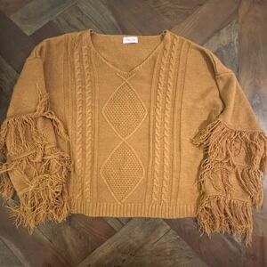 Pink Lily Beige Tan Cable Knit Fringe Sleeve V-Neck Sweater Western‎ Cowgirl